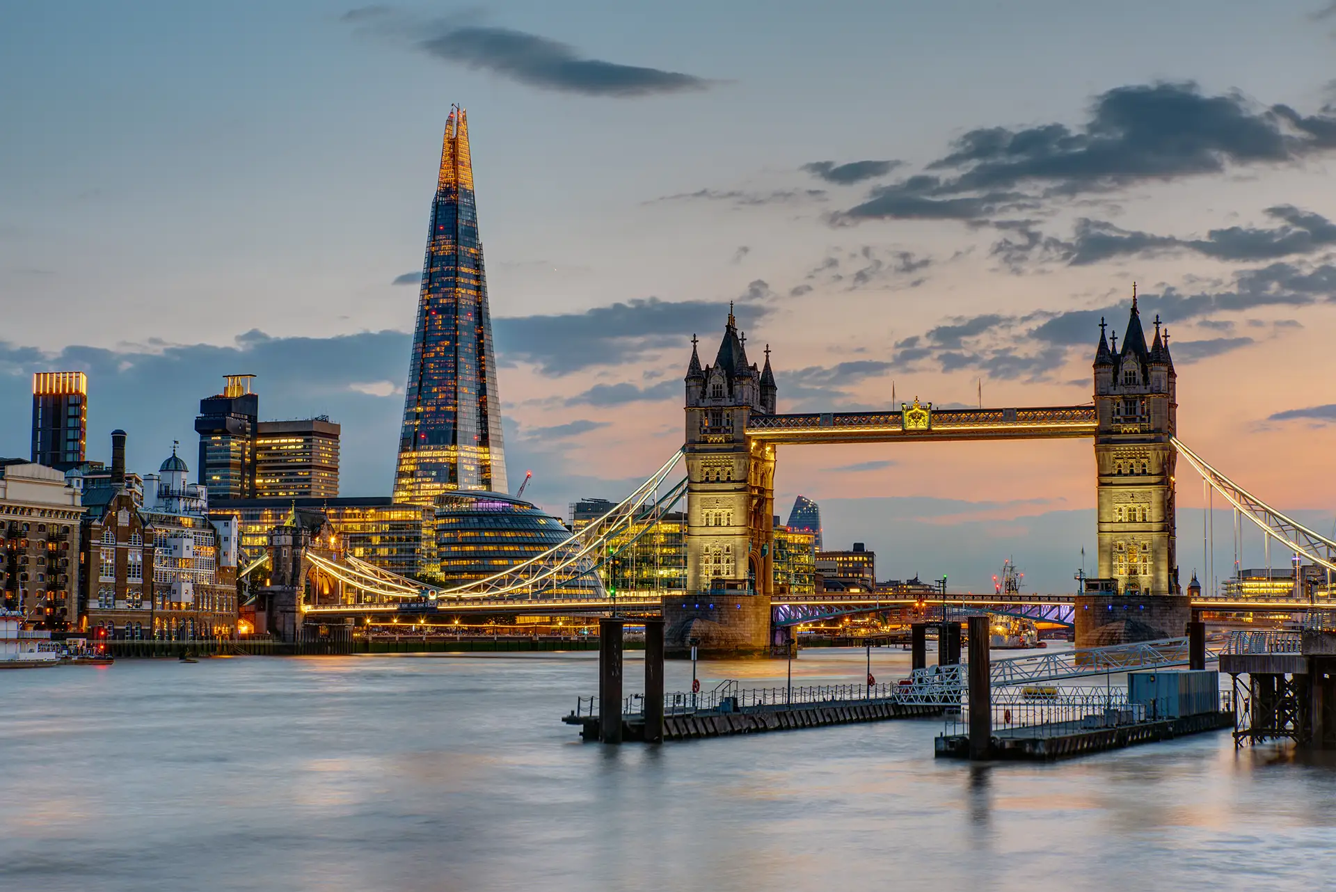 London city scape looking over the River Thames. Tower Bridge is visible, and The Chard